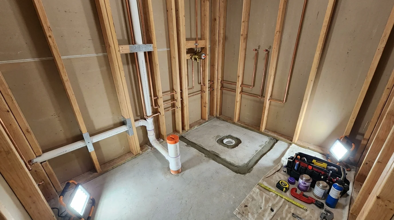 Bathroom rough-in plumbing during remodel by Johns Plumbing LLC in Aliceville