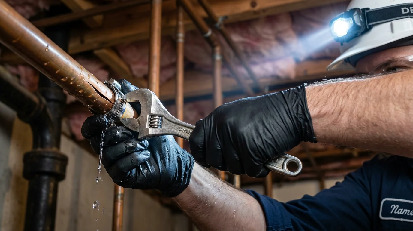 Emergency pipe clamp repair being performed by a Johns Plumbing LLC plumber in Aliceville