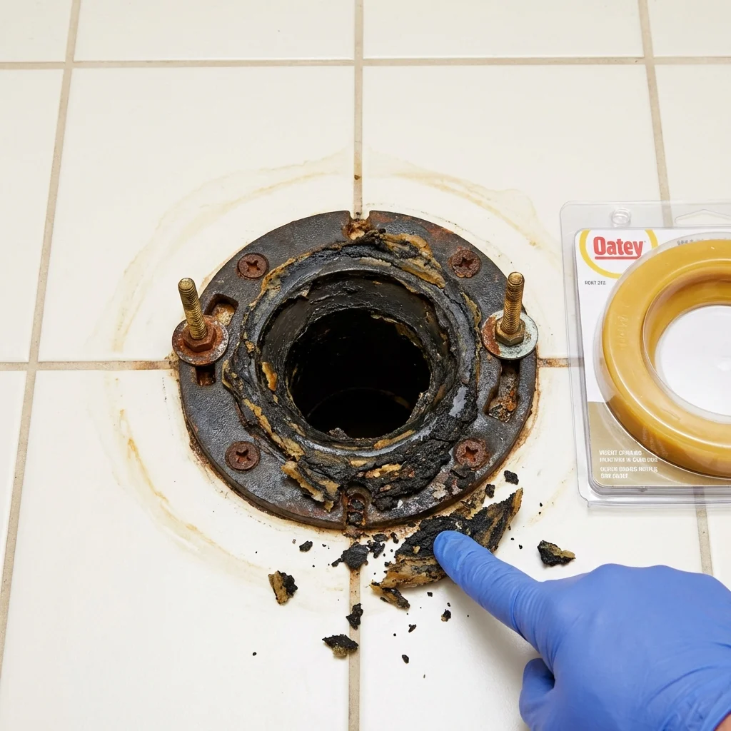 Failed wax ring showing water seepage at the base of a toilet in a Aliceville, AL home