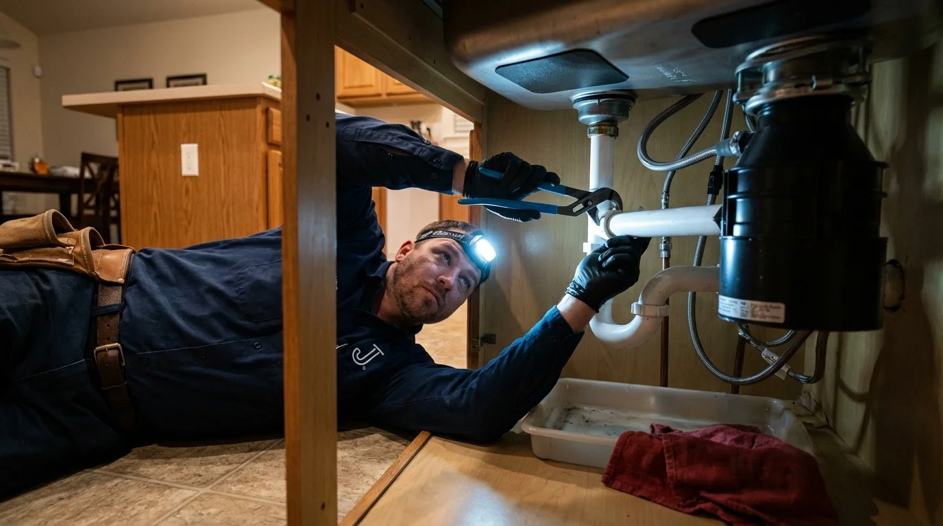 P-trap and supply line connections under a kitchen sink showing a common leak point in Aliceville, AL